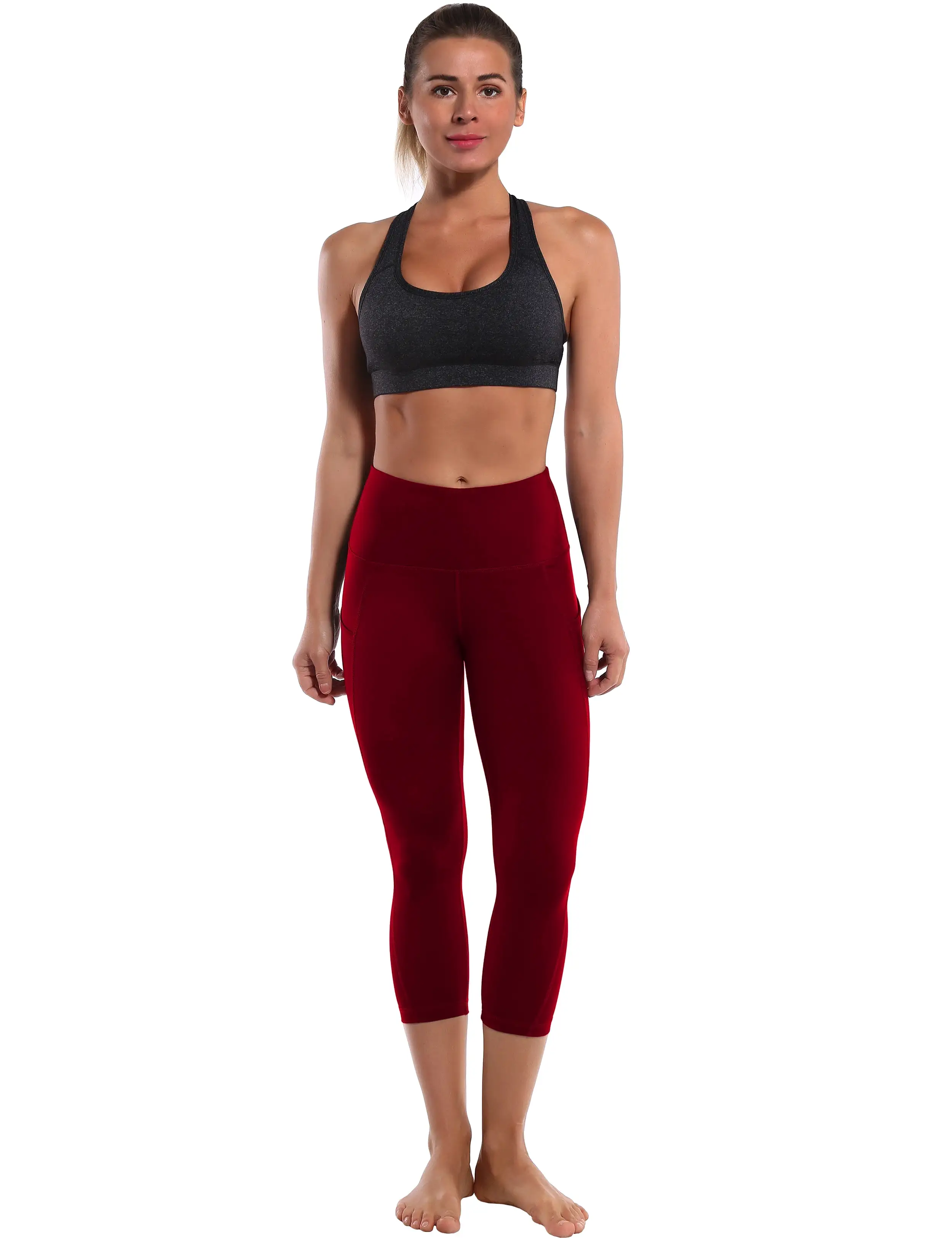 19 High Waist Side Pockets Capris cherryred_yogastudio