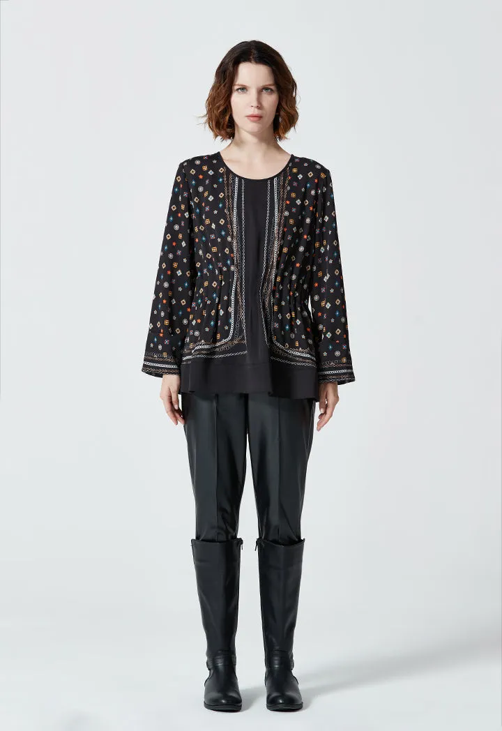 All Over Printed Elastic Waist Blouse