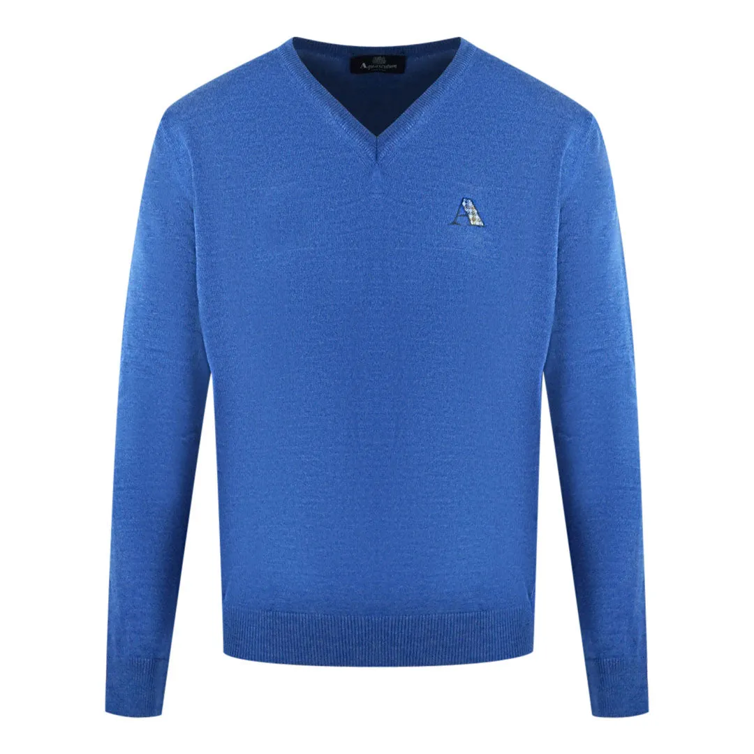 Aquascutum Check A Logo Blue V-Neck Jumper