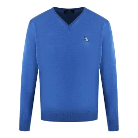 Aquascutum Check A Logo Blue V-Neck Jumper