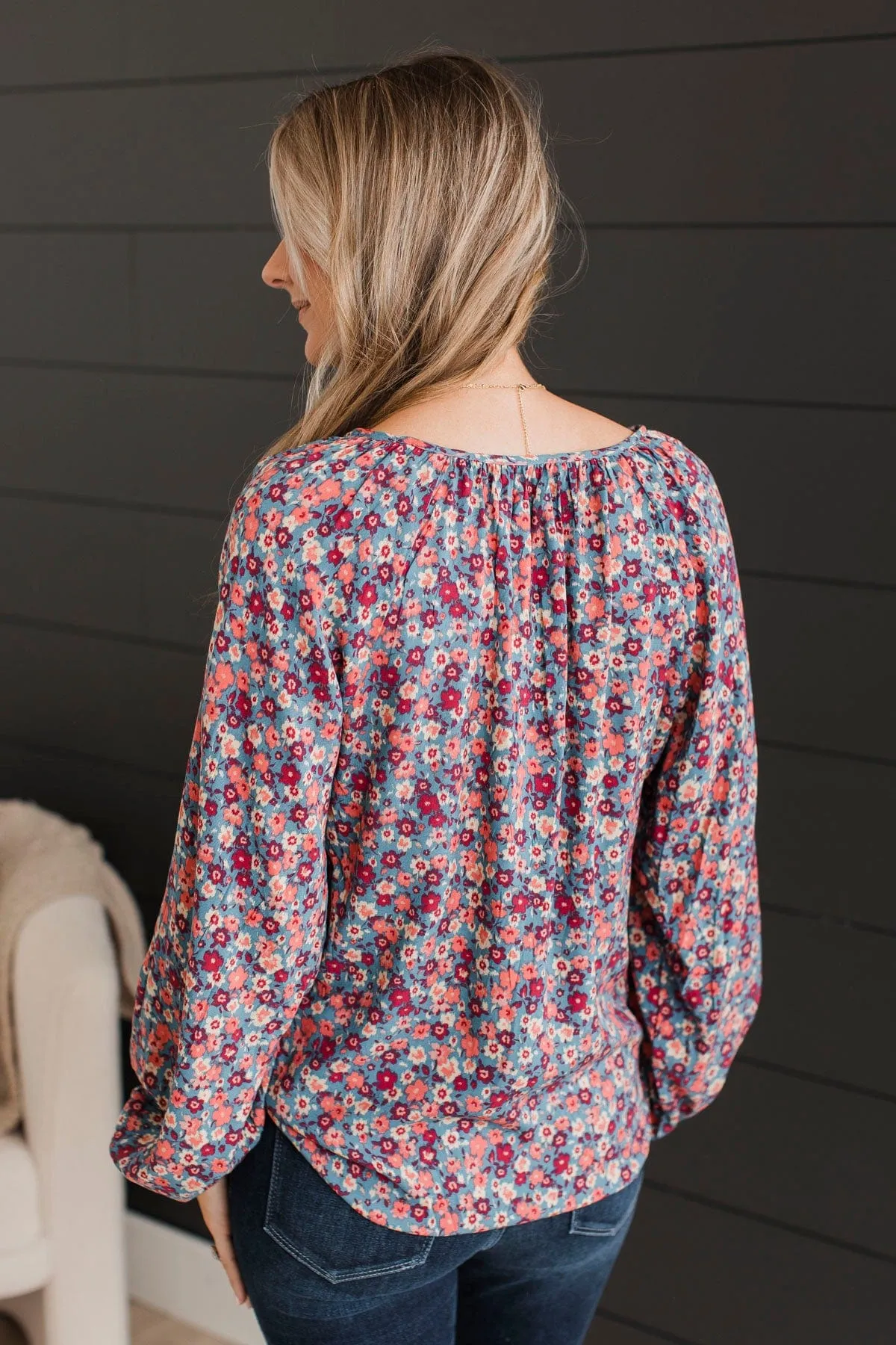 Back To Bliss Floral Blouse- Denim Blue