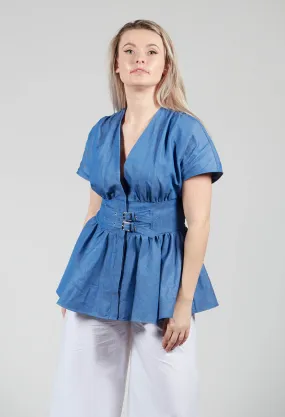 Belt Front Blouse in Light Denim