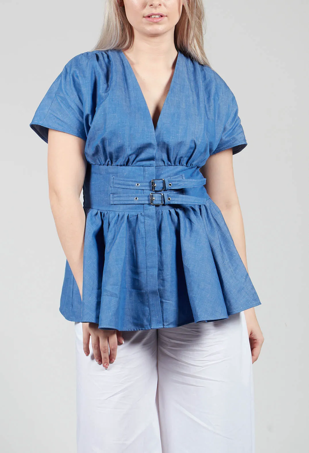 Belt Front Blouse in Light Denim