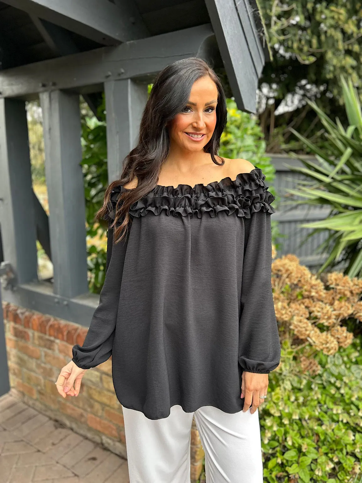 Black Ruffle Bardot Top Heidi