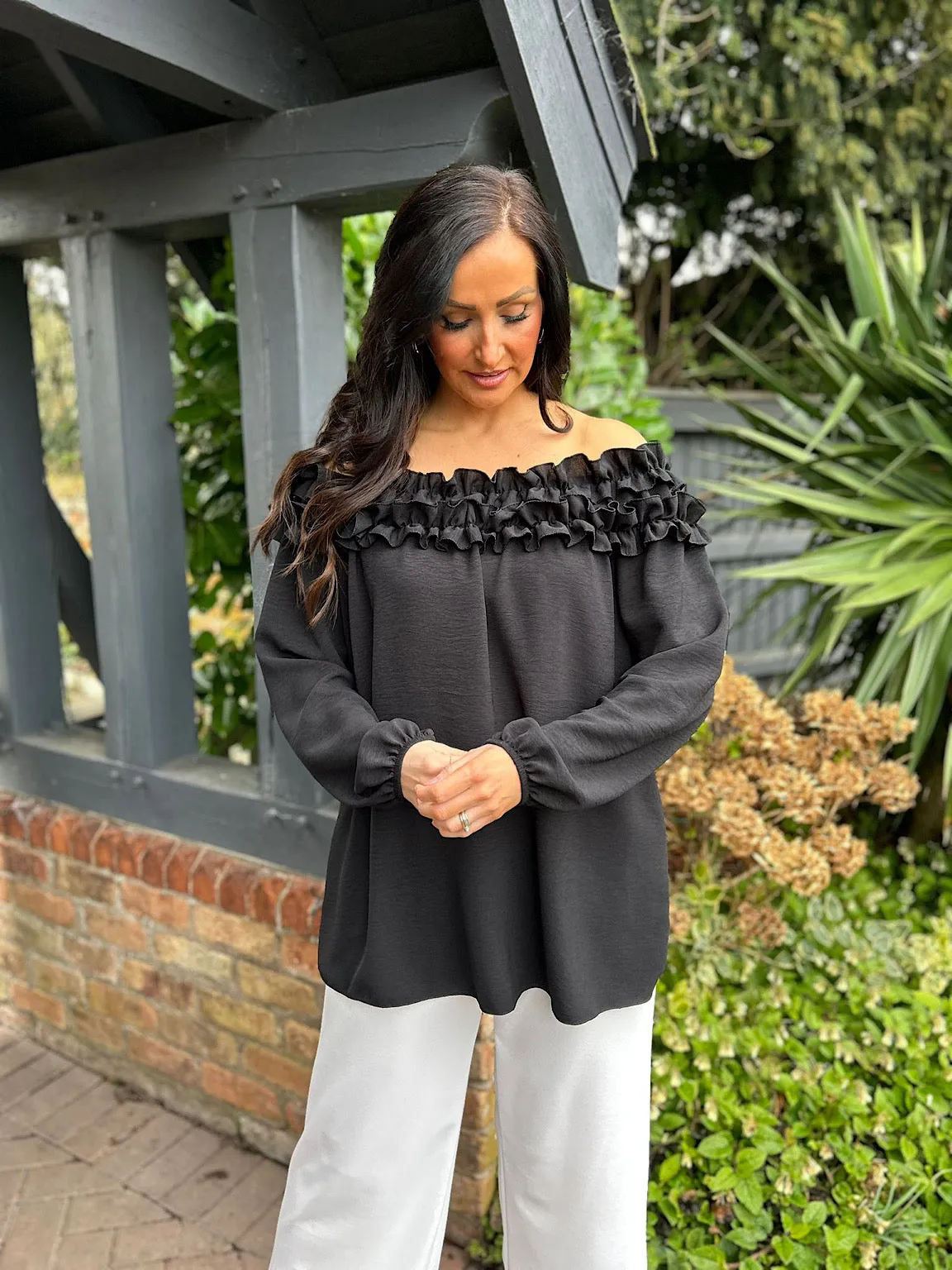 Black Ruffle Bardot Top Heidi