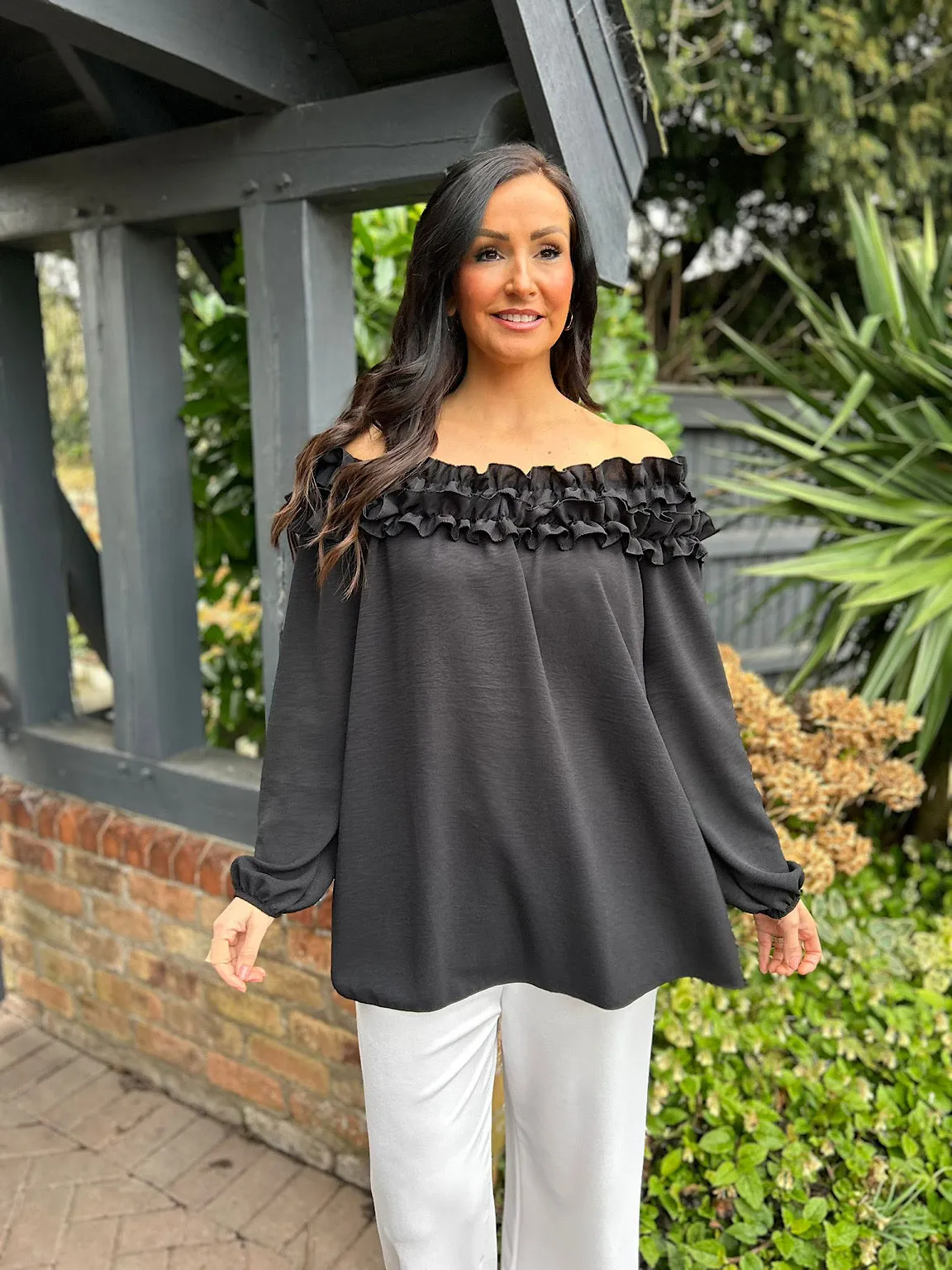 Black Ruffle Bardot Top Heidi