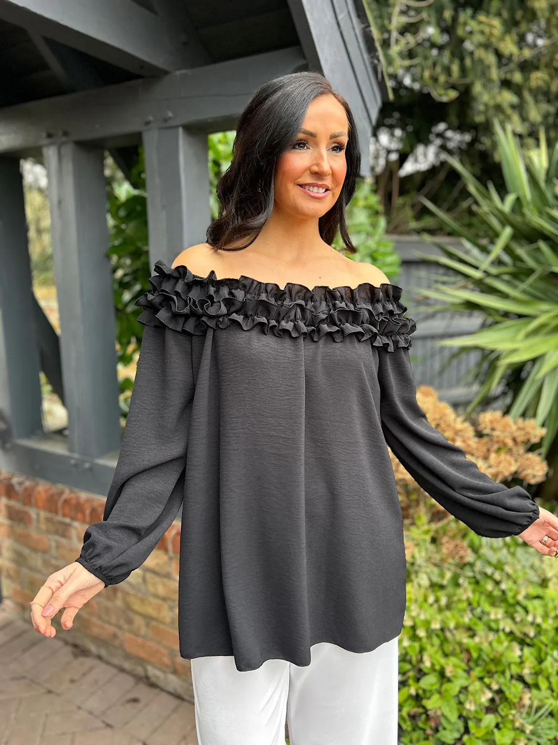 Black Ruffle Bardot Top Heidi