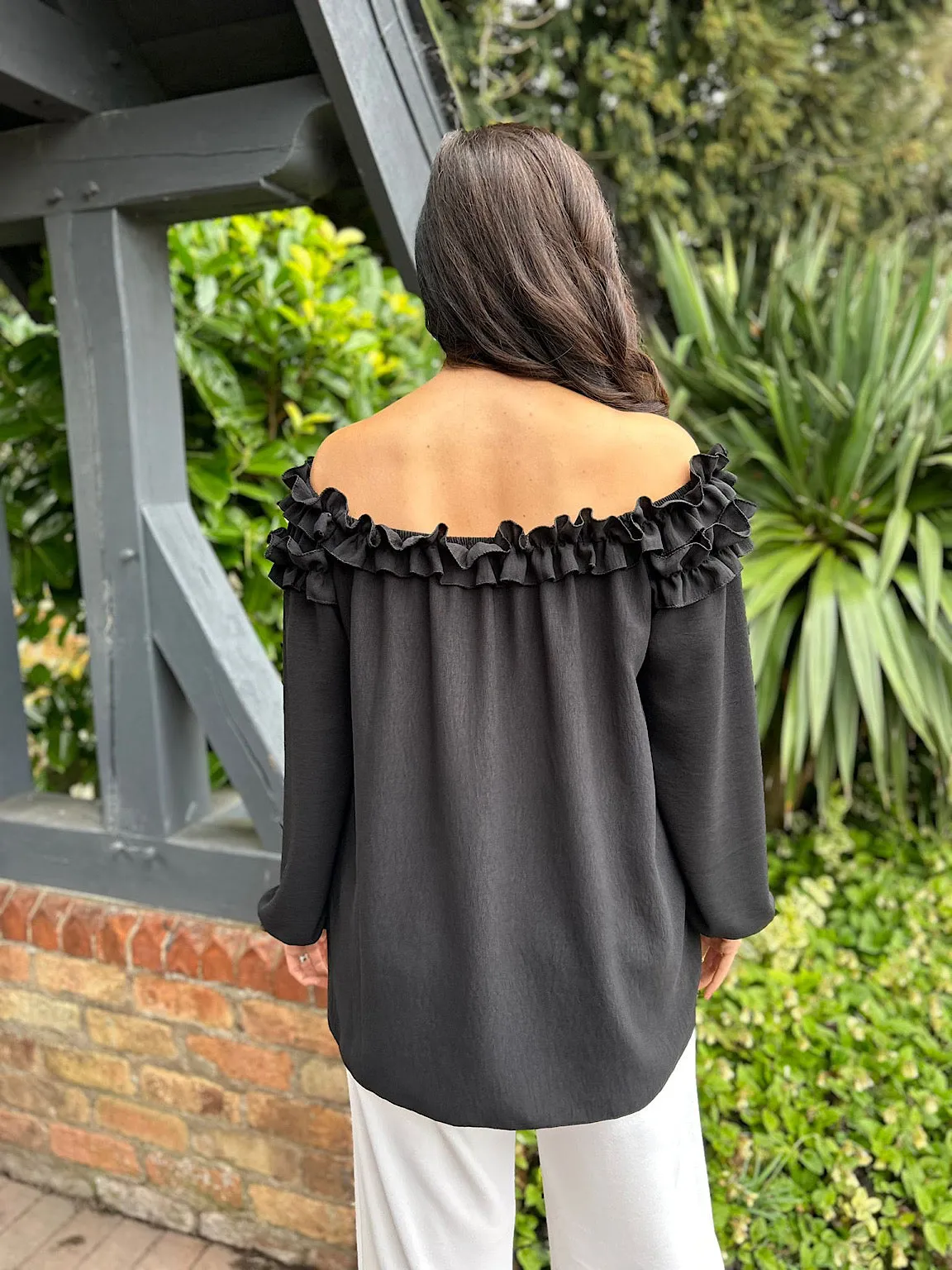 Black Ruffle Bardot Top Heidi