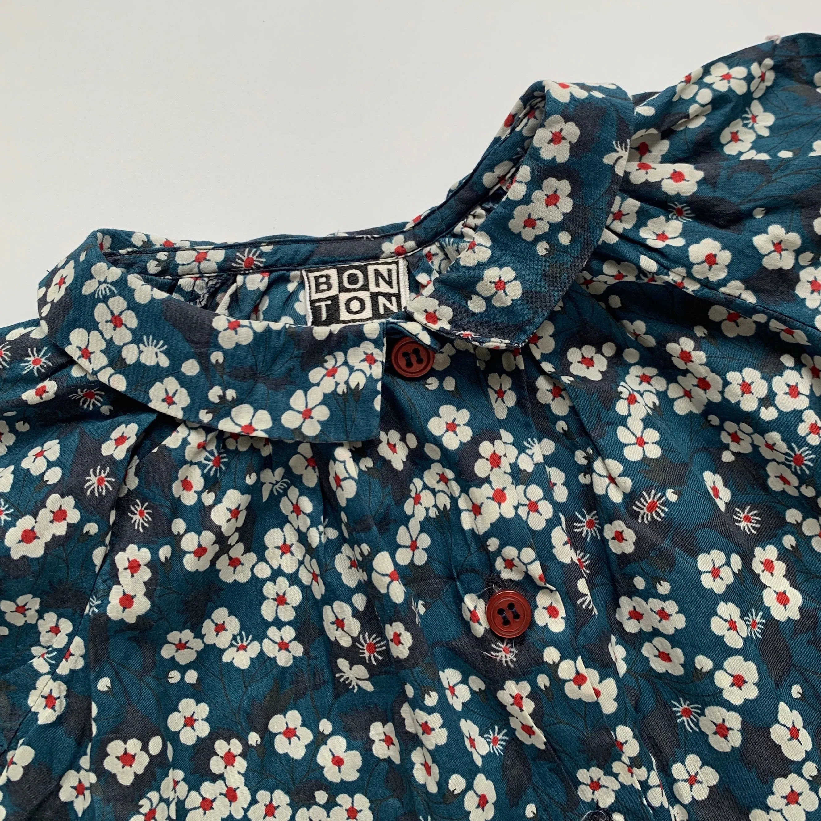 Bonton Teal Liberty Print Blouse With Collar: 6 Months