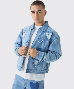 boohoo Mens Boxy Fit Heart Applique Denim Bomber