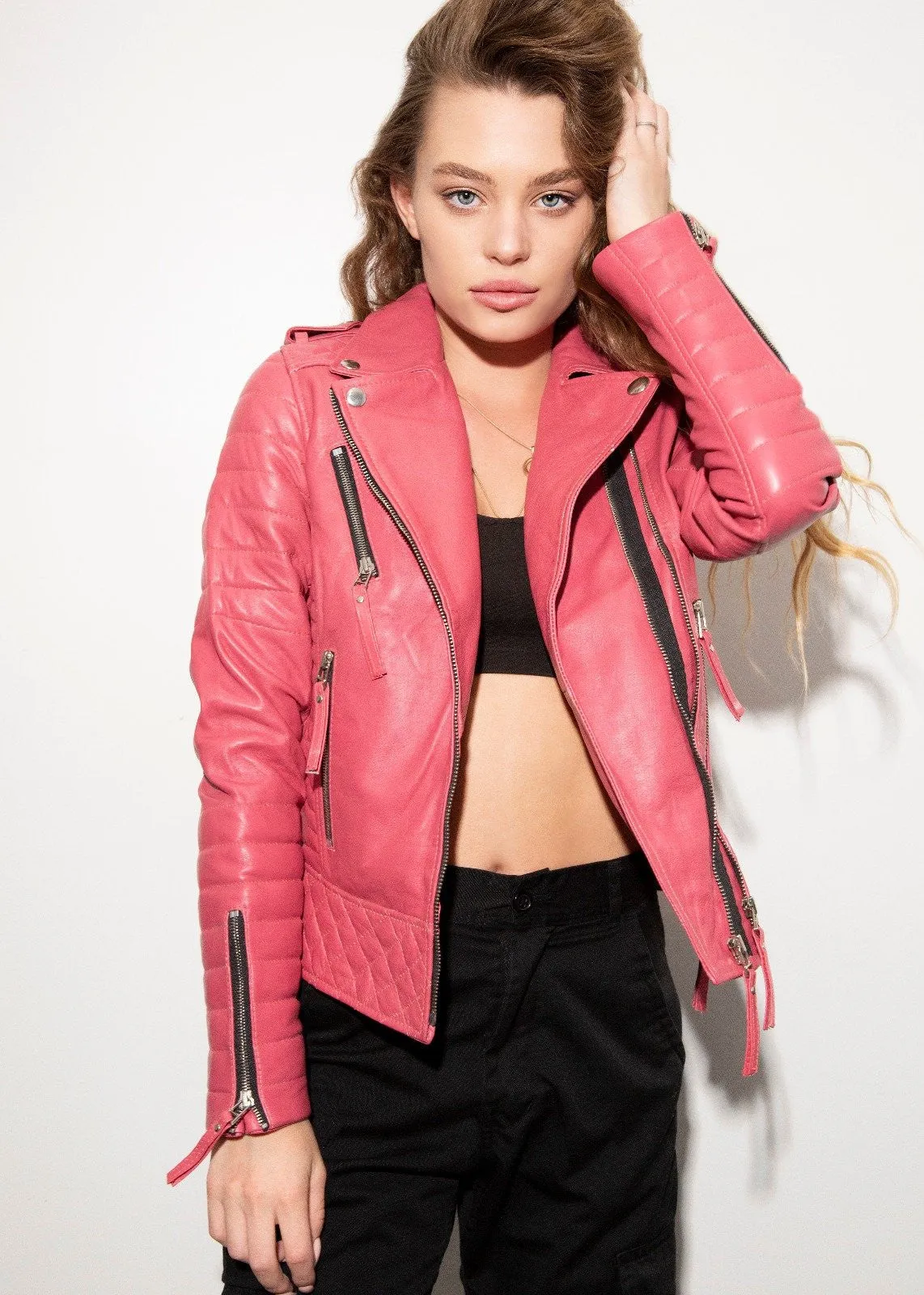 Buy Womens Quilted Leather Motorcycle Jacket Pink | LucaJackets