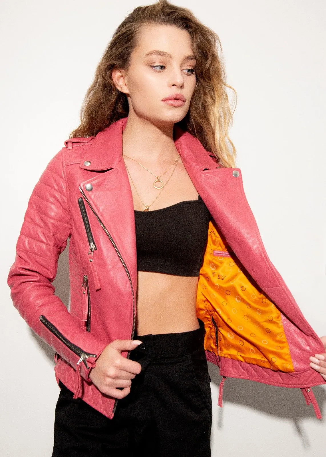 Buy Womens Quilted Leather Motorcycle Jacket Pink | LucaJackets