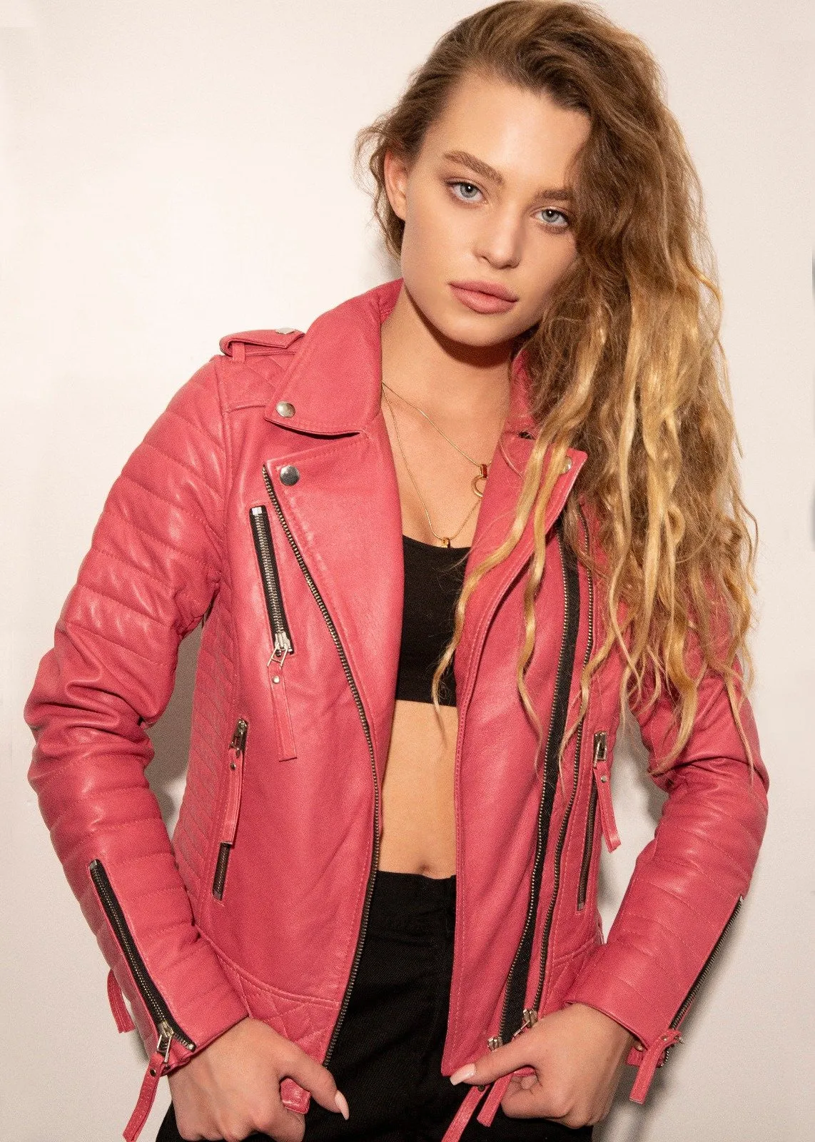 Buy Womens Quilted Leather Motorcycle Jacket Pink | LucaJackets