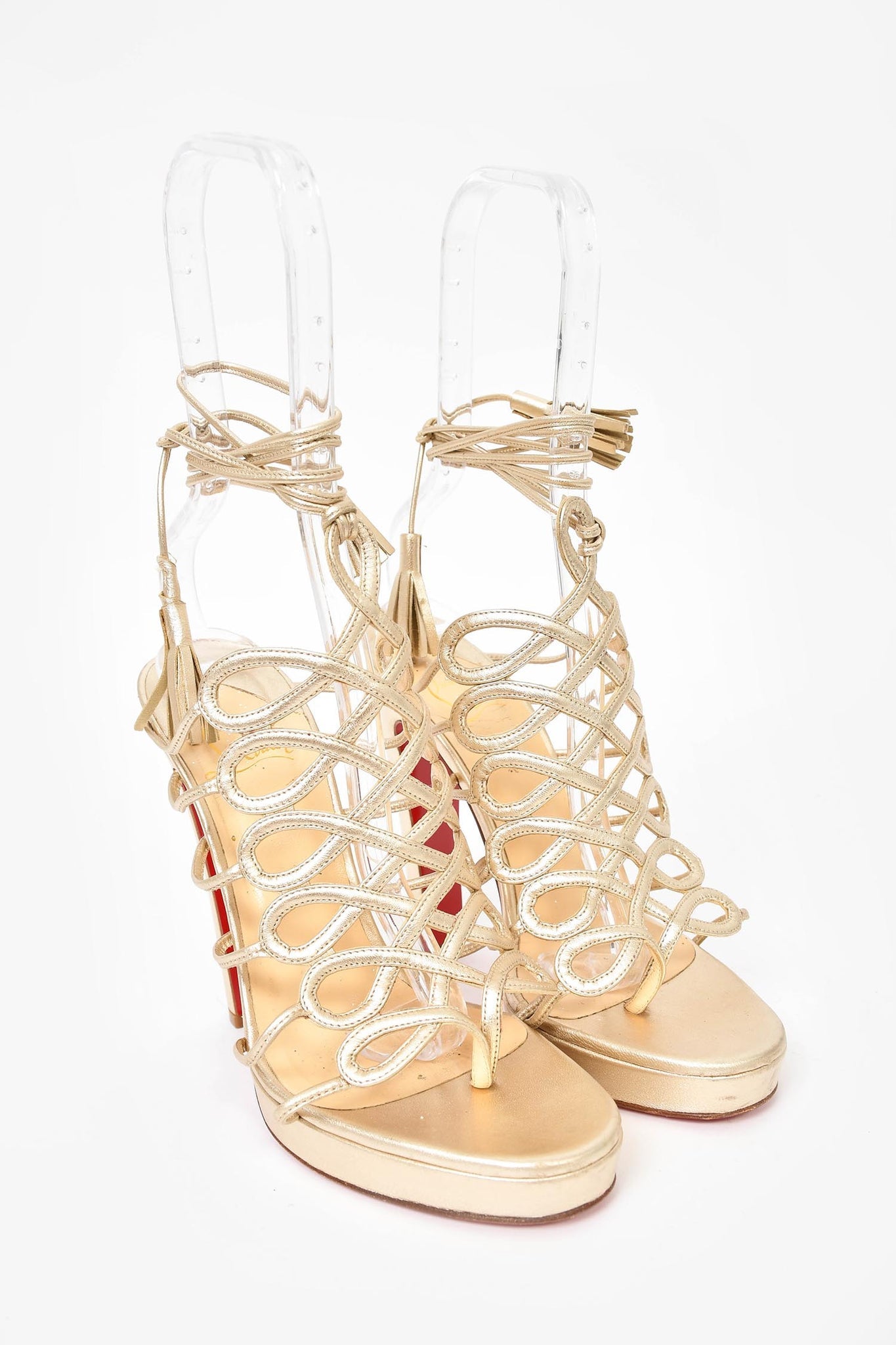 Christian Louboutin Gold Leather Ankle Wrap Heels Size 39