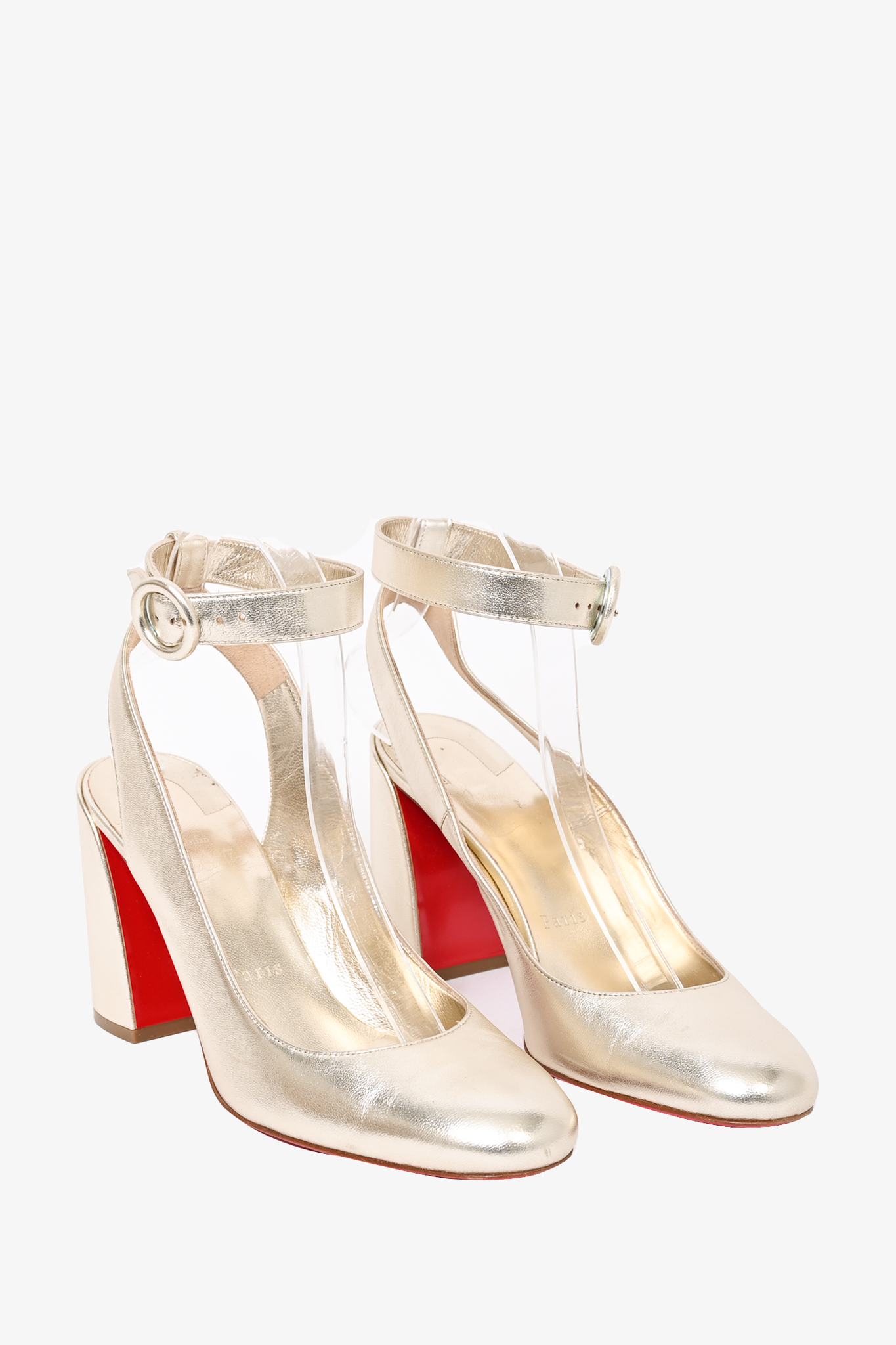 Christian Louboutin Gold Leather \'Miss Sab 85\' Block Heels Size 38