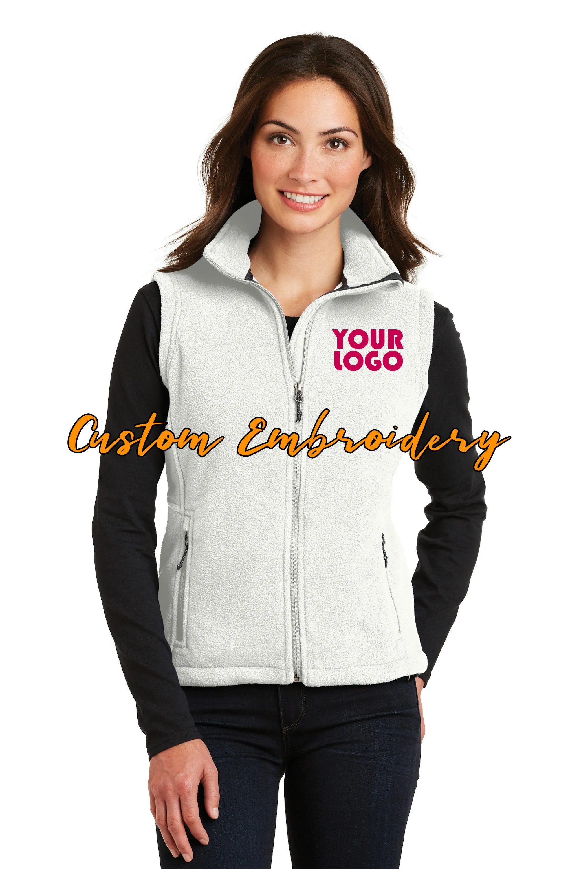 Custom Embroidery on Ladies Fleece Vest - Includes one 4in x 4in Embroidery - No Setup - No Minimums