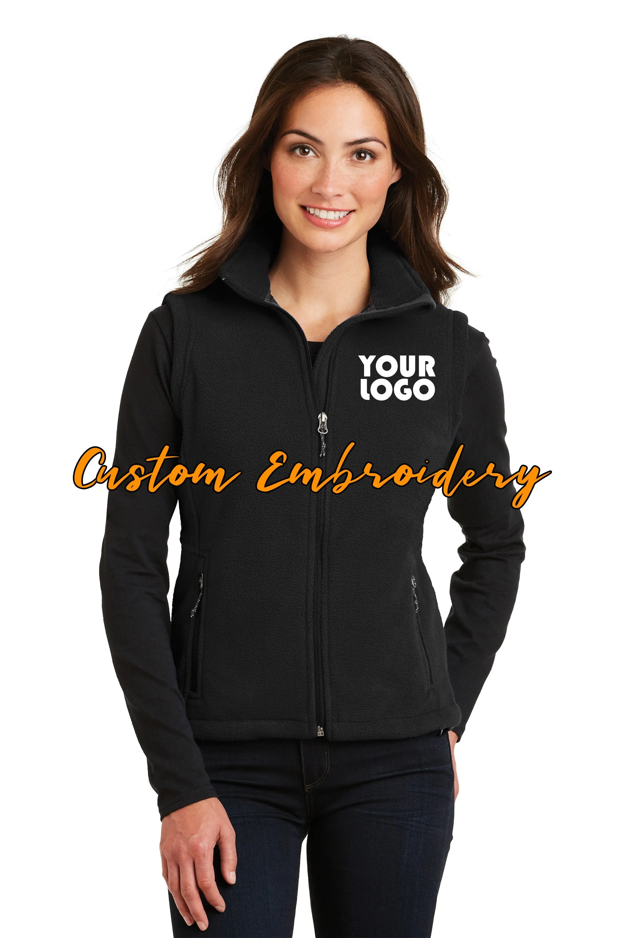 Custom Embroidery on Ladies Fleece Vest - Includes one 4in x 4in Embroidery - No Setup - No Minimums