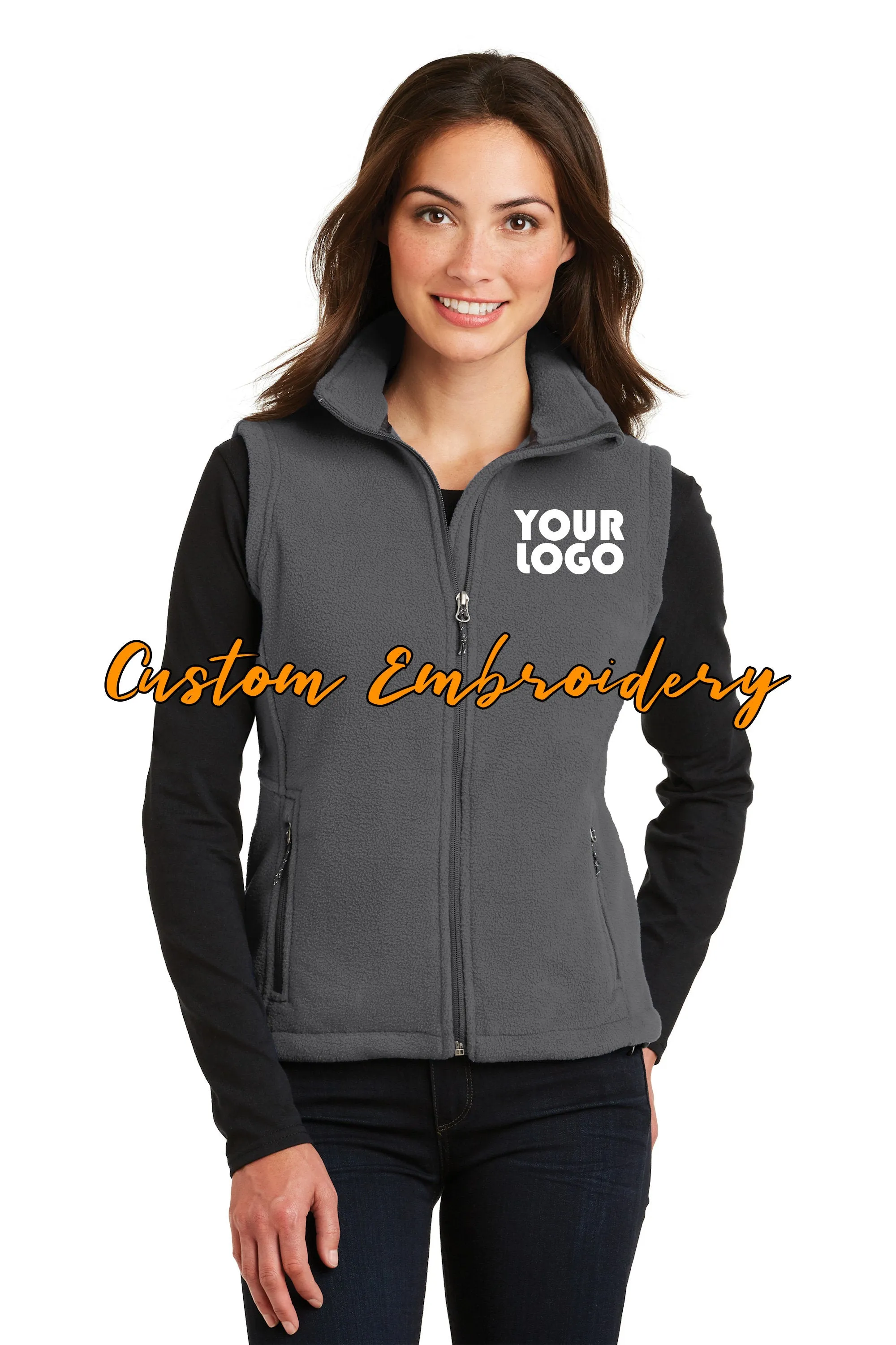 Custom Embroidery on Ladies Fleece Vest - Includes one 4in x 4in Embroidery - No Setup - No Minimums