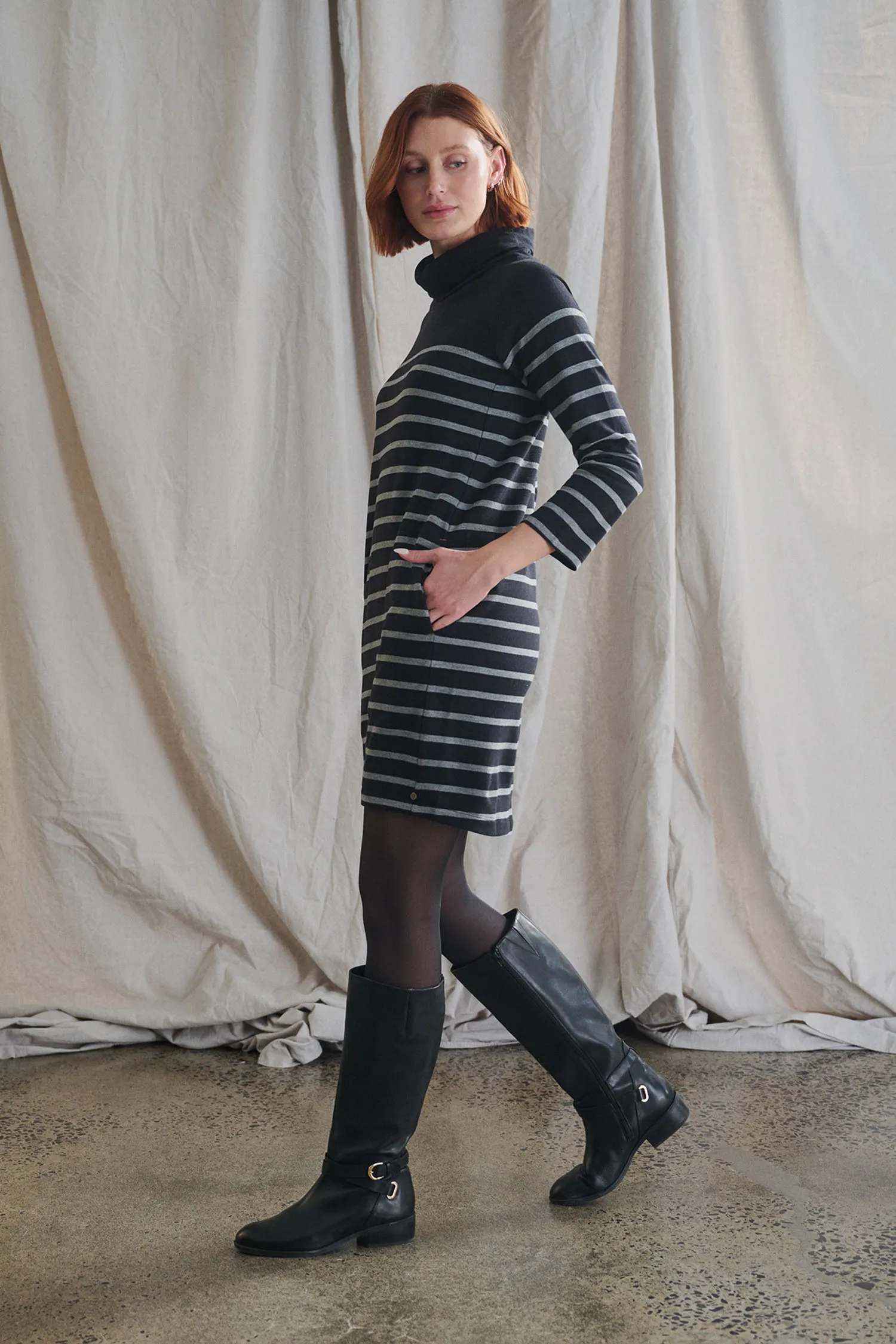 Draped Collar Dress - Caviar Stripes