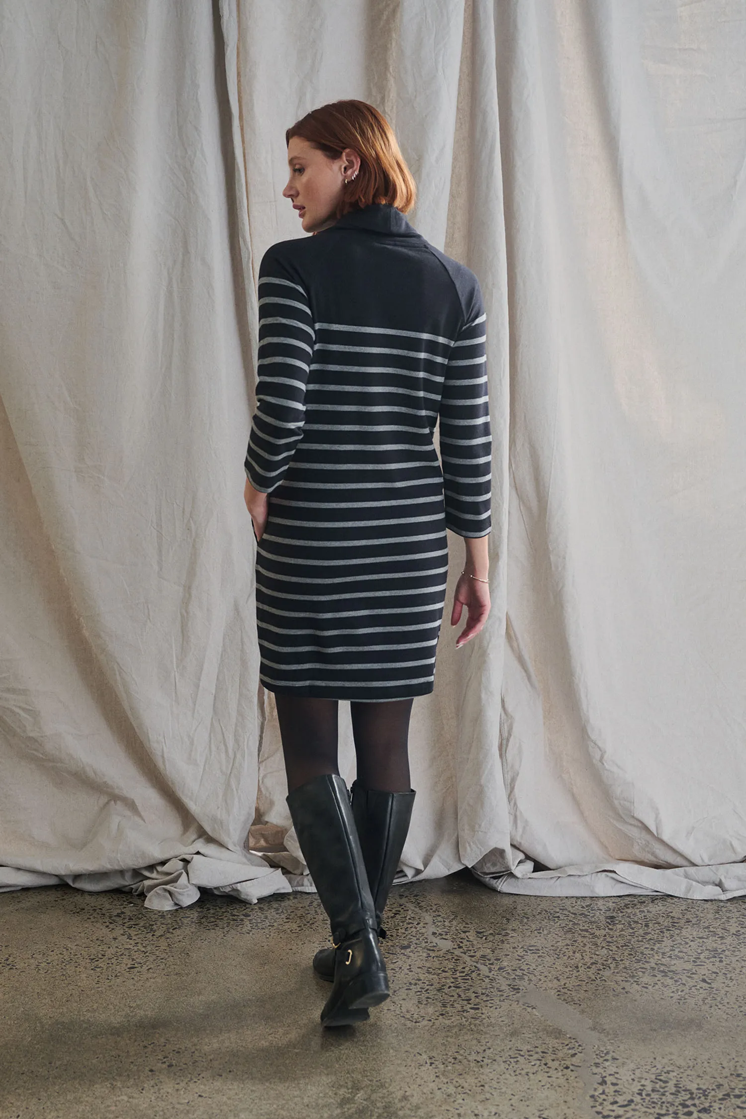 Draped Collar Dress - Caviar Stripes