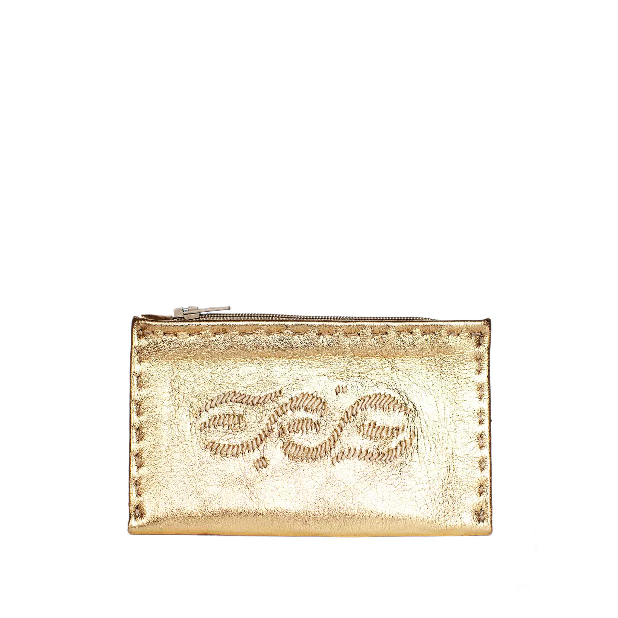 Embroidered Leather Coin Wallet in Gold