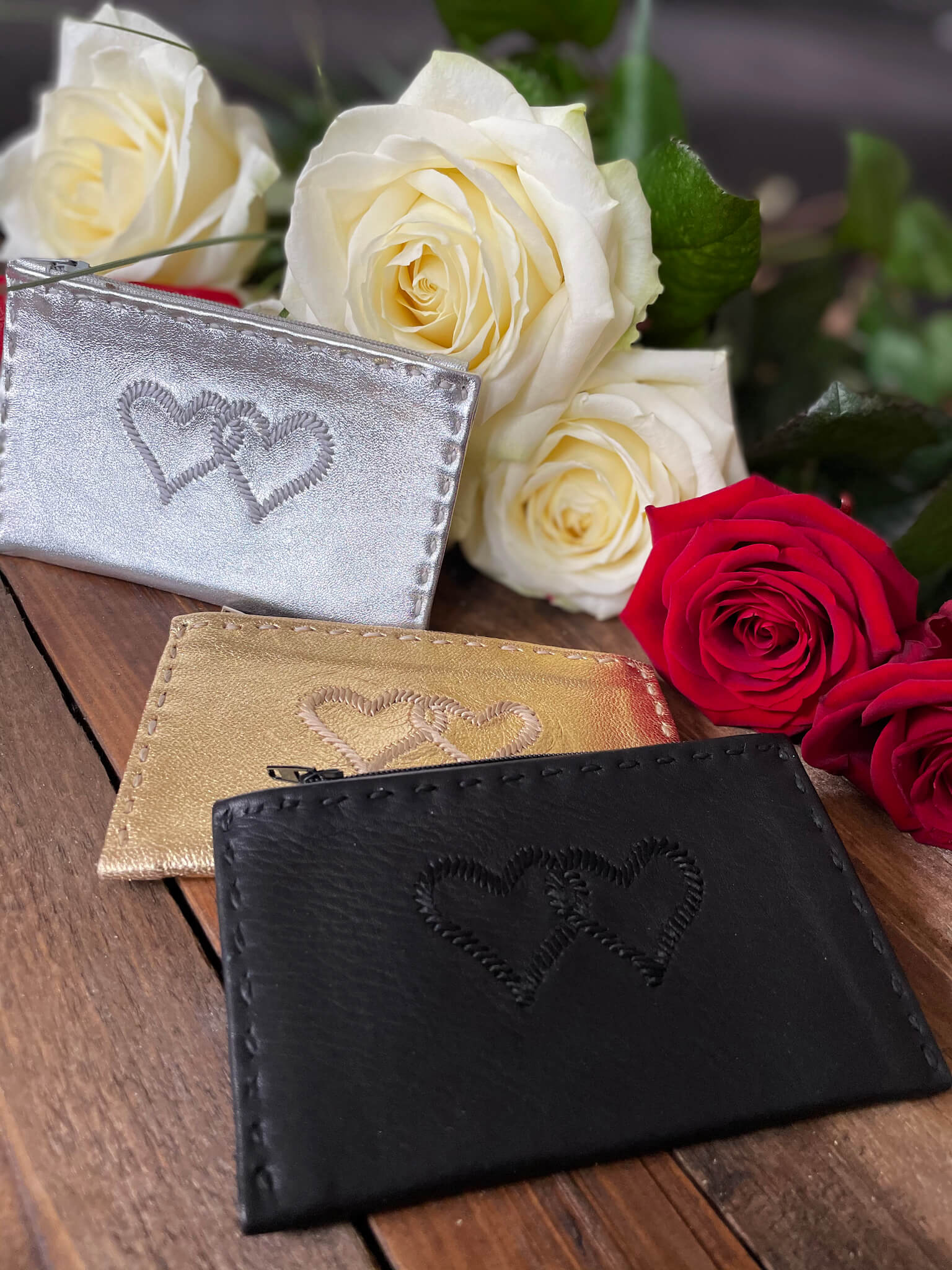 Embroidered Leather Coin Wallet *Love Edition* in Black