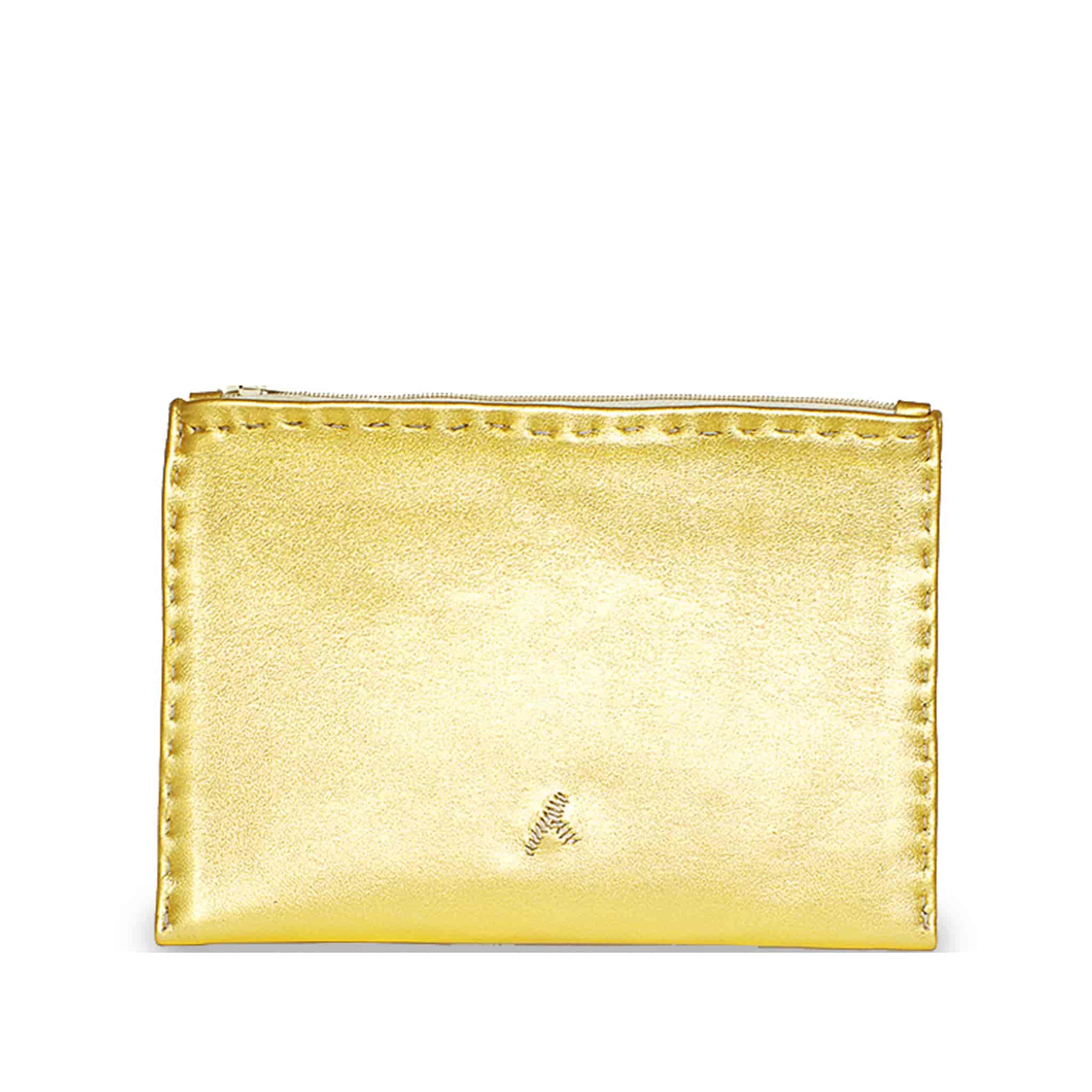 Embroidered Leather Pouch in Gold, Beige