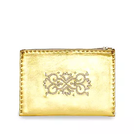 Embroidered Leather Pouch in Gold, Beige