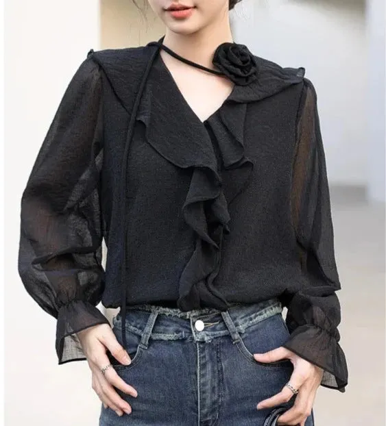 Ethereal Chiffon Blouse with Flower Choker