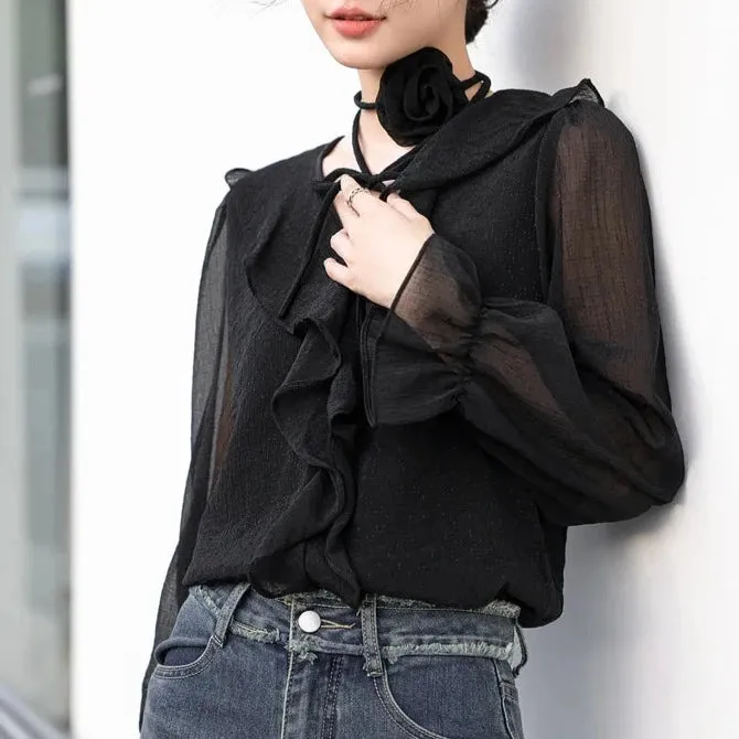 Ethereal Chiffon Blouse with Flower Choker