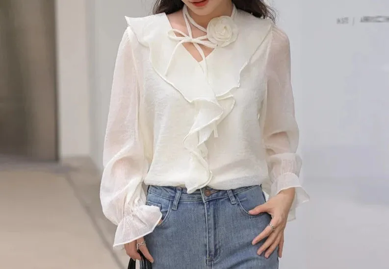 Ethereal Chiffon Blouse with Flower Choker