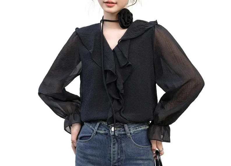 Ethereal Chiffon Blouse with Flower Choker