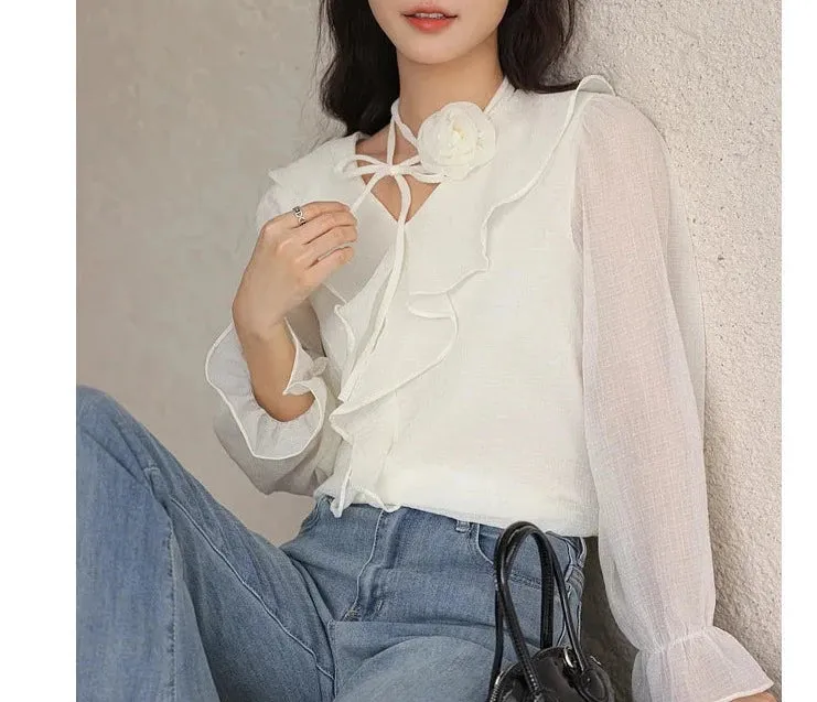 Ethereal Chiffon Blouse with Flower Choker