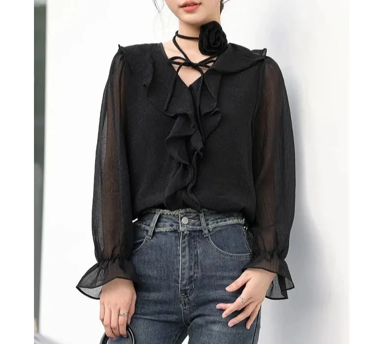 Ethereal Chiffon Blouse with Flower Choker