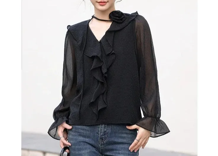 Ethereal Chiffon Blouse with Flower Choker