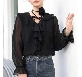 Ethereal Chiffon Blouse with Flower Choker