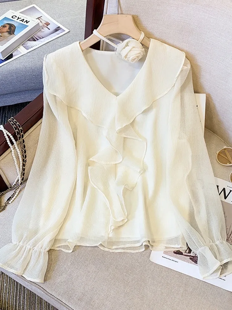 Ethereal Chiffon Blouse with Flower Choker