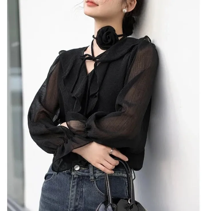 Ethereal Chiffon Blouse with Flower Choker