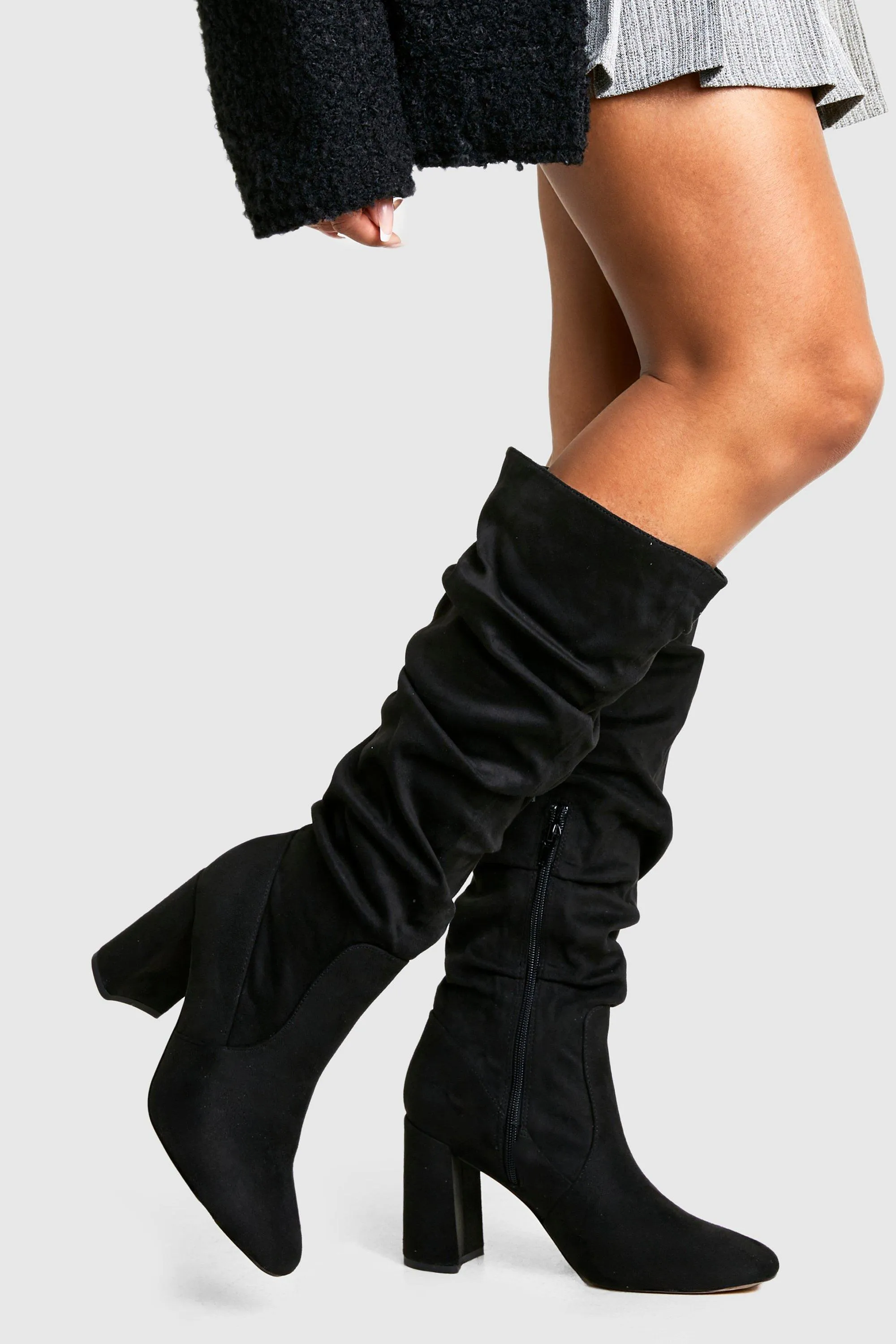 Faux Suede Slouchy Knee High Block Heel Boots