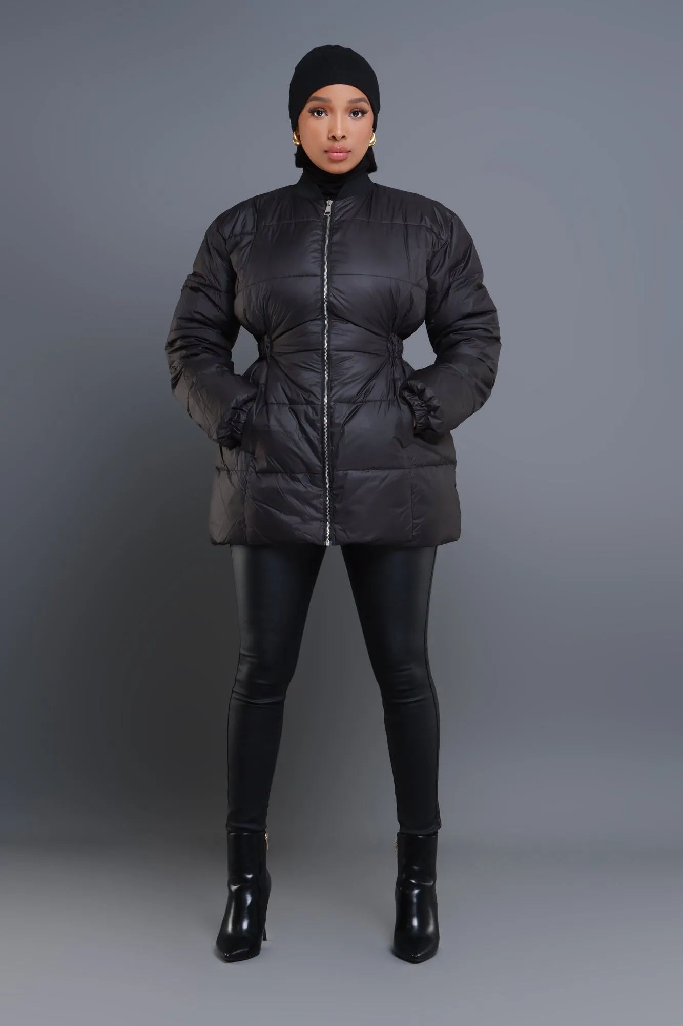 First Down Cinched Waist Puffer Coat - Black