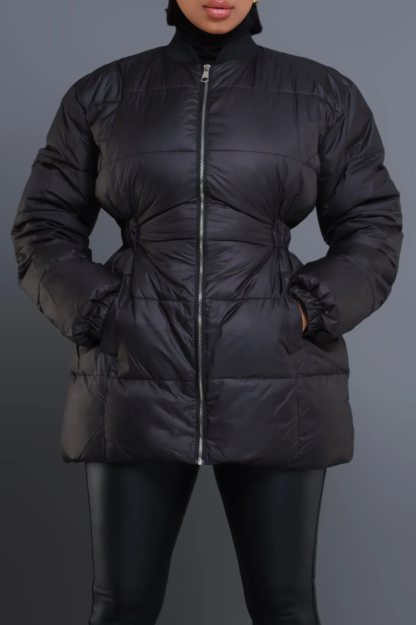 First Down Cinched Waist Puffer Coat - Black