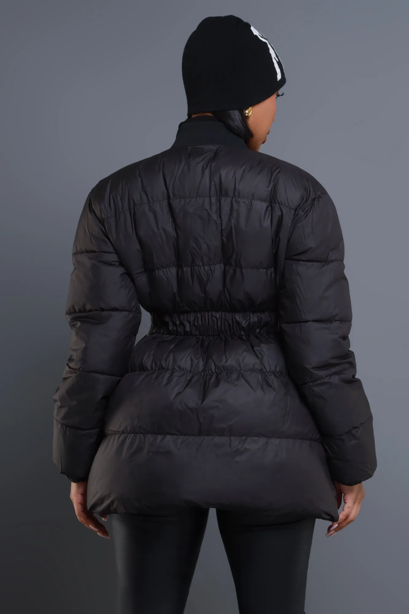 First Down Cinched Waist Puffer Coat - Black