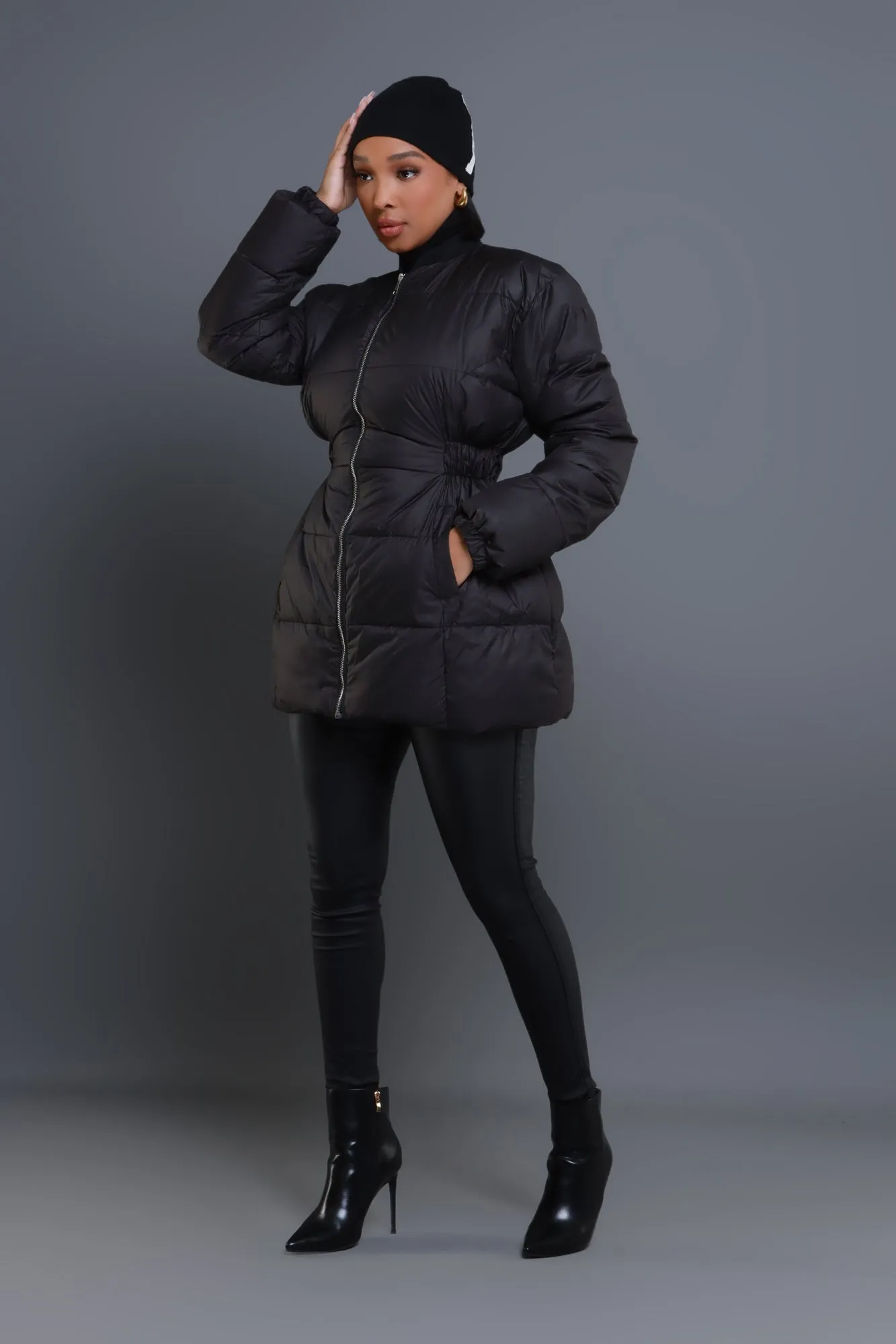 First Down Cinched Waist Puffer Coat - Black