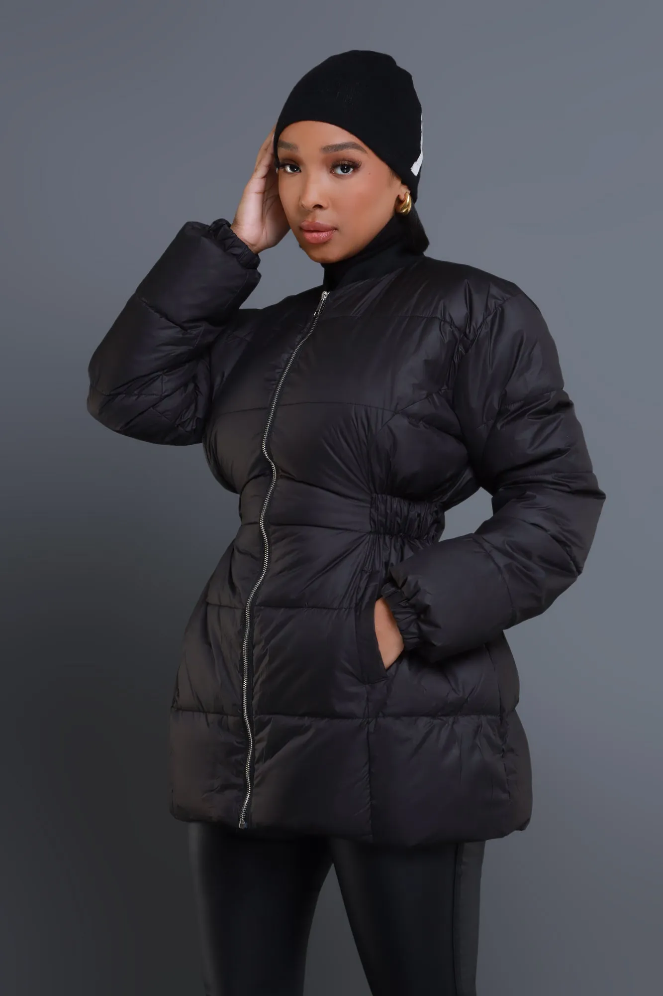 First Down Cinched Waist Puffer Coat - Black