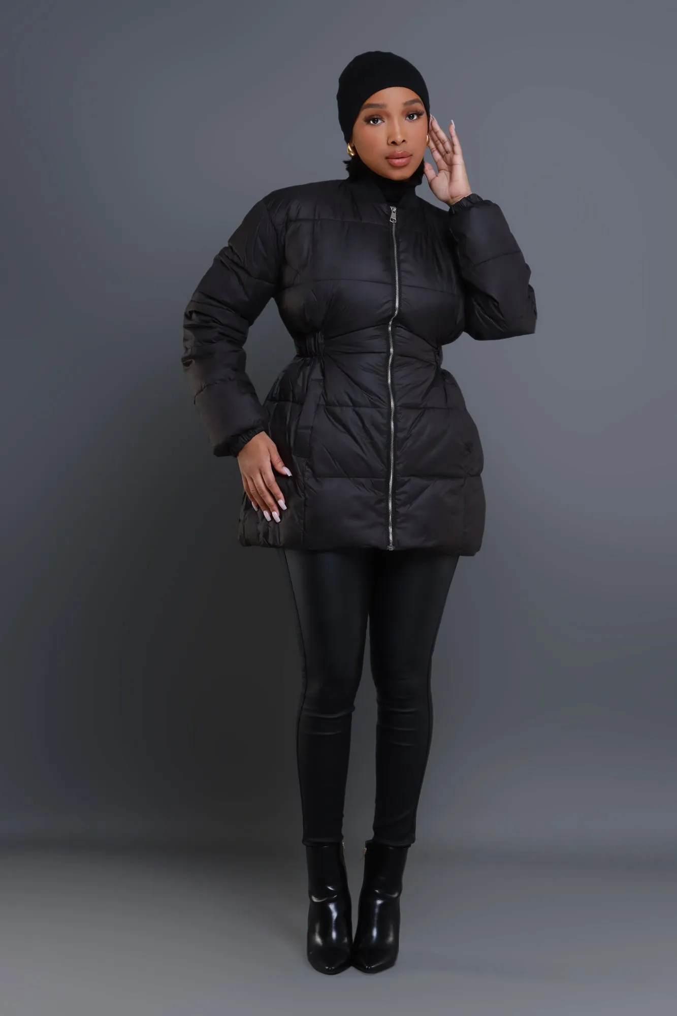 First Down Cinched Waist Puffer Coat - Black