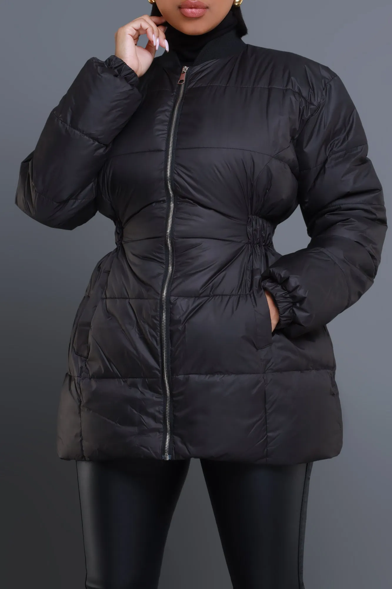 First Down Cinched Waist Puffer Coat - Black