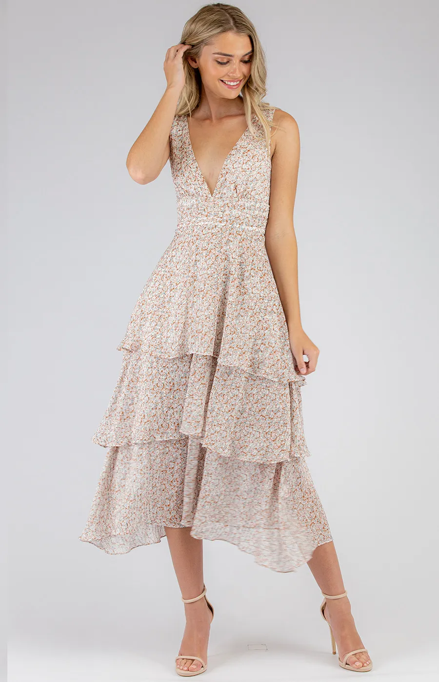 Floral Tiered Maxi Dress with Waist Pleated Detail (SDR698B)