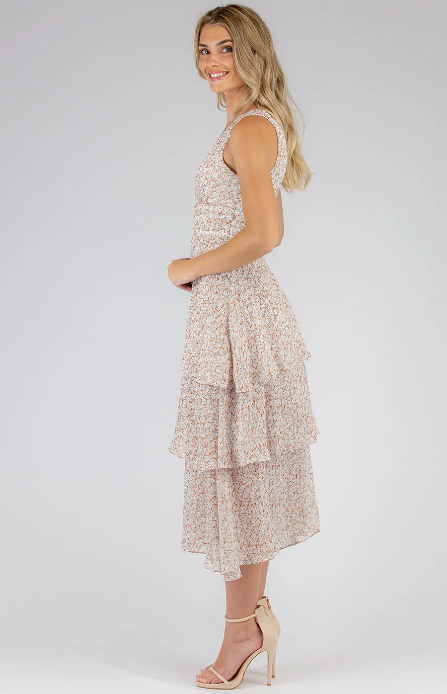 Floral Tiered Maxi Dress with Waist Pleated Detail (SDR698B)