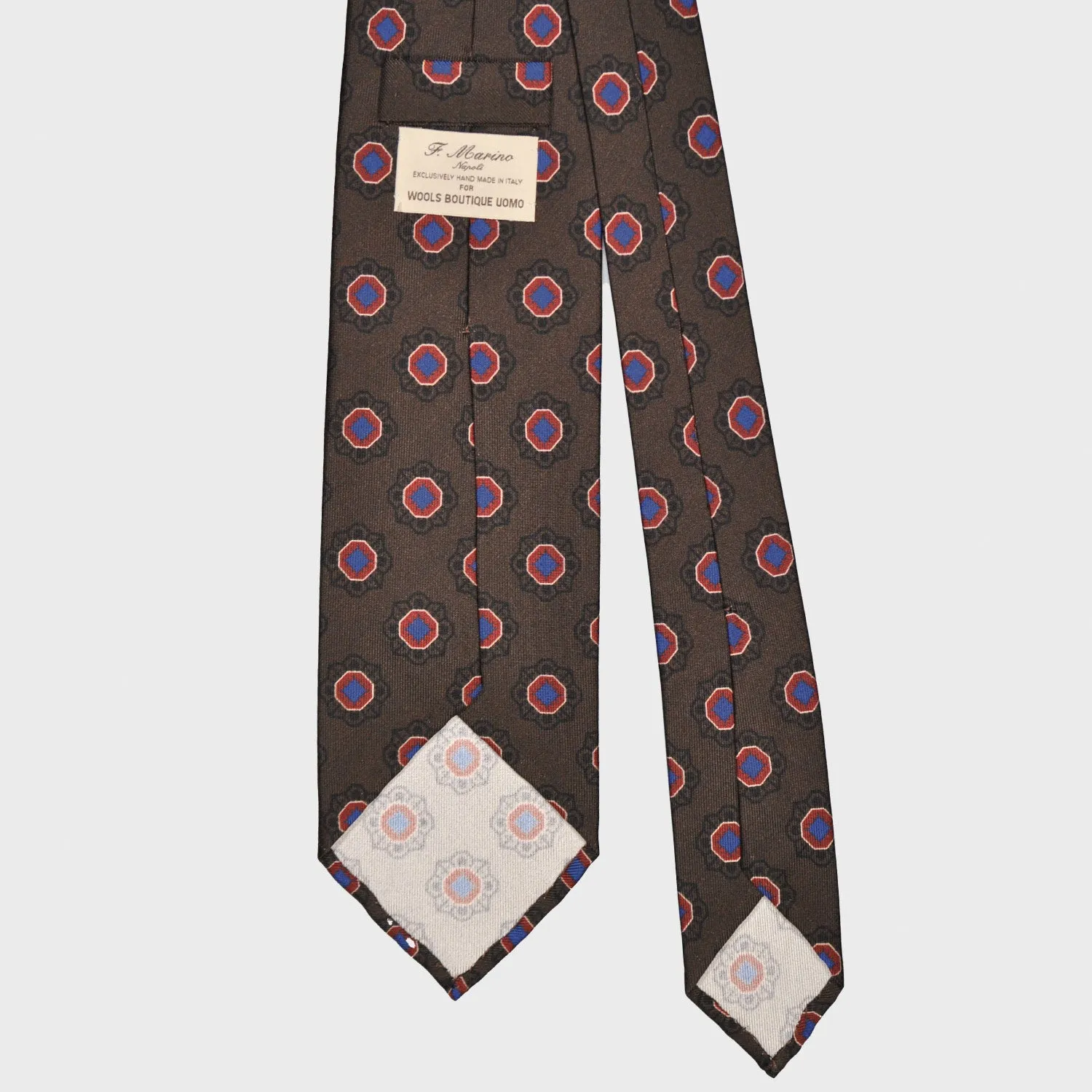 F.Marino Silk Tie 3 Folds Geometric Flower Coffee Brown