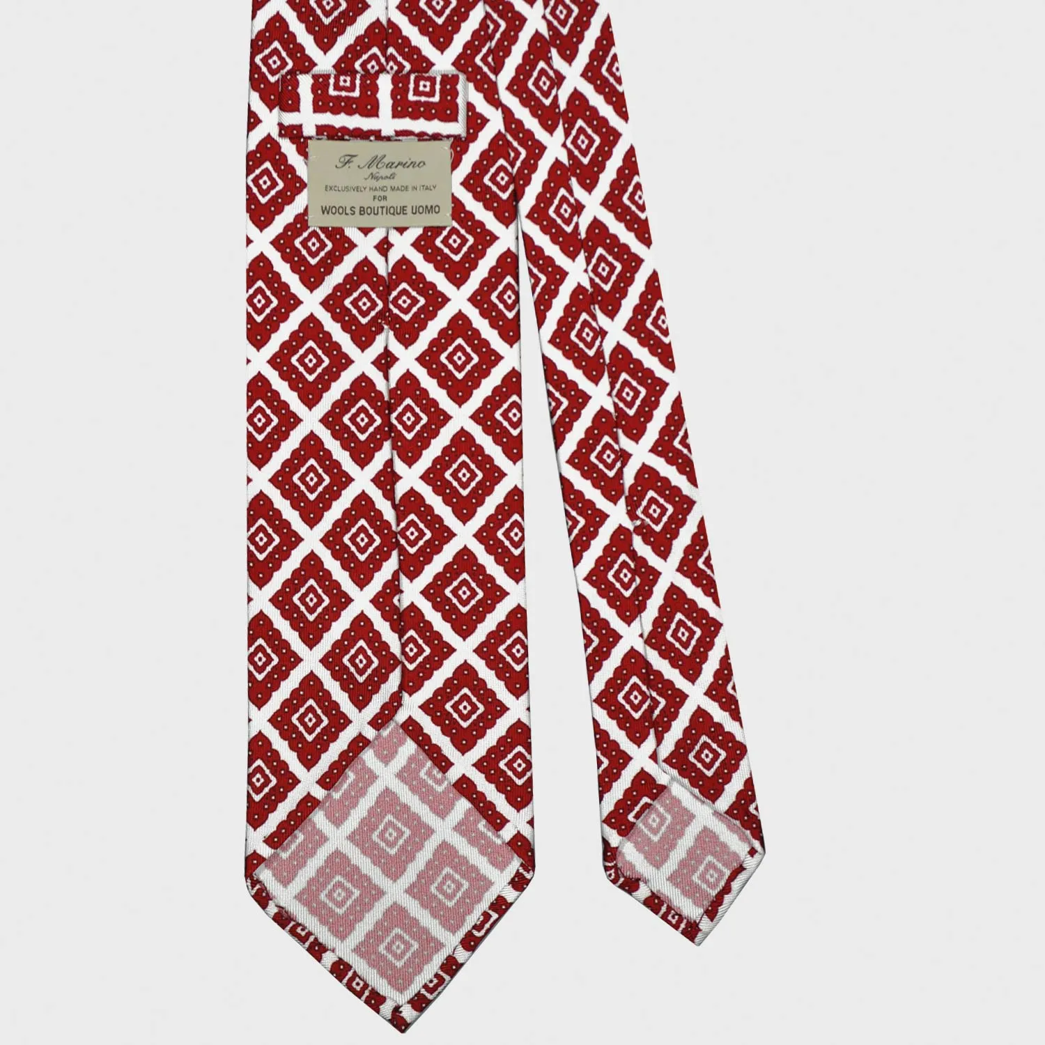 F.Marino Silk Tie 3 Folds Ornamental Rhombus Brick Red